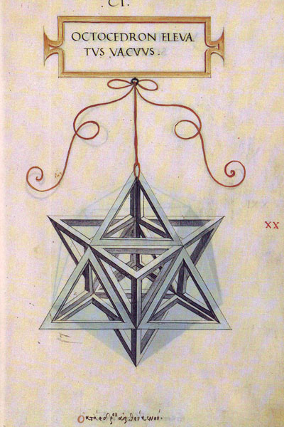 Historical manuscript illustration of an elevated hollow octahedron.