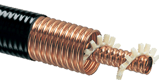 BELOW: Left, high power low loss ‘air coaxial’ cable employing an outer EM reflector/ shield, and the center radial dielectric pipe which guides the dielectric down the pipe. Middle picture is circular polarization. Righ