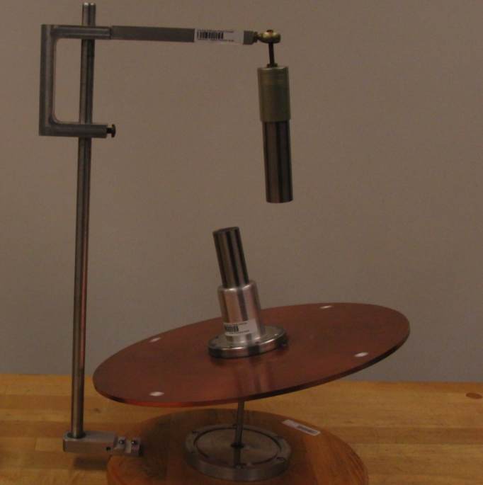 Tabletop precession model with cylindrical magnets suspended above and below a rotating copper disc.