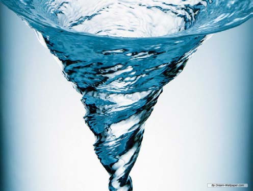 Below: Left, a centripetal vortex with max spin at its apex (point), as one would see in a pulled drainage plug or a tornado. Right, a centrifugal vortex, where max spin is at the top, or cone of the vortex. This is a ma
