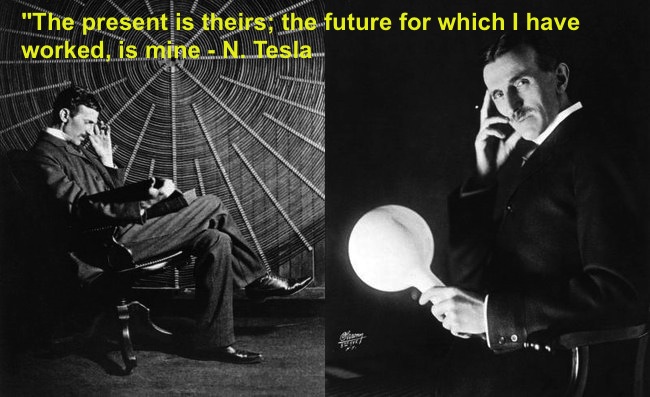 Two black-and-white photographs of Nikola Tesla, one seated beside a coil and one holding a glowing bulb, with a quote about the future.