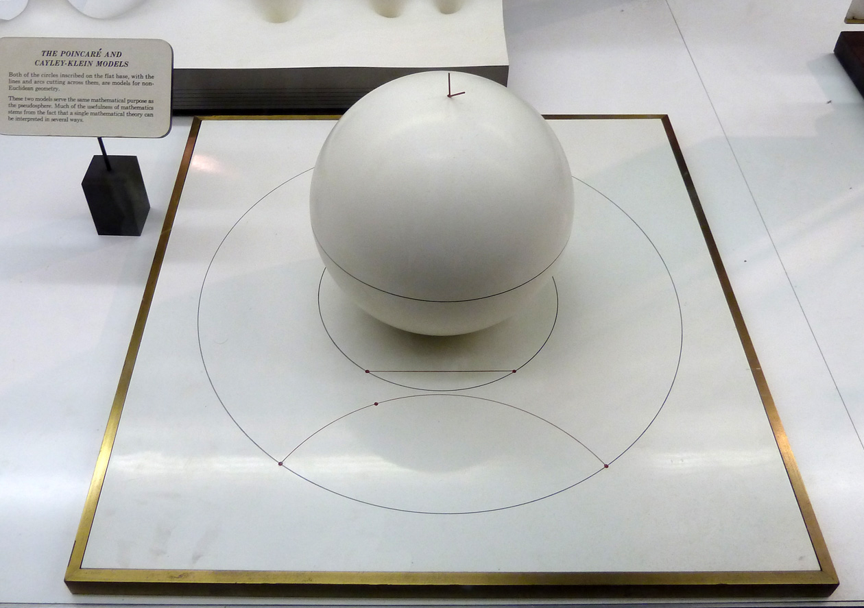 Below: The Poincaré Disk model of hyperbolic geometry is obtained from the hyperboloid by stereographic projection. Stereographic projection of an ordinary sphere maps the sphere to the XY-plane by projecting from the So