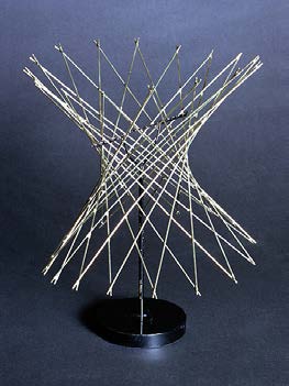 Wire sculpture forming a curved hyperboloid lattice around a narrow central waist.