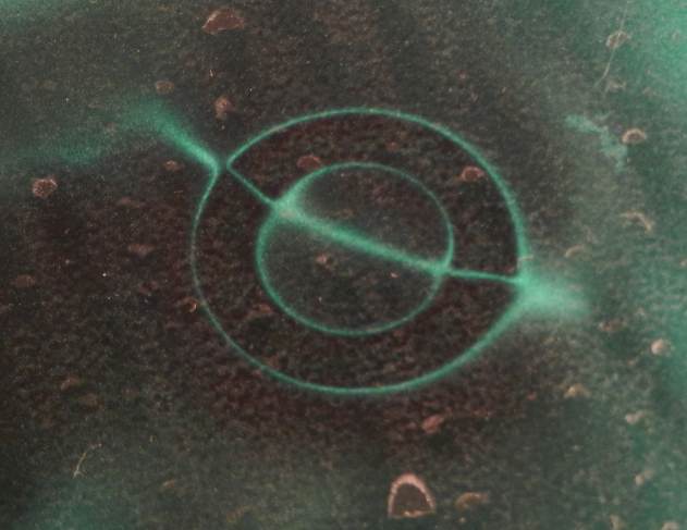 after broken. On right, the black markings indicate that this piece, or half-portion of the ring was originally located on the other side. While this LOOKS ‘re-assembled’ it is not; it is the only way (other than on top 