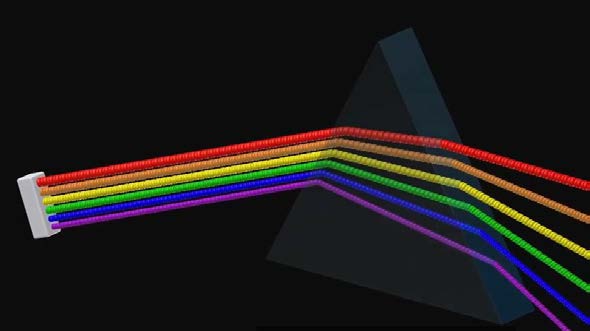 Rainbow-colored light rays bending through a triangular prism against a black background.