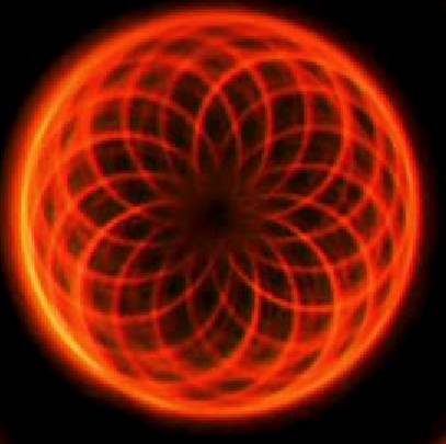 Below: Left, ¼ cube magnet under the ferrocell showing the hypotrochoid polarized hyperboloid of centrifugal magnetism. Likewise the same in the middle picture and on the right, the 137.5077 angles of growth, divergence,