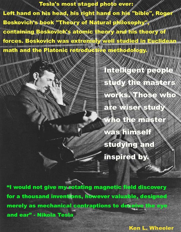 Below: Tesla reading his favorite author, Roger Boskovich’s “Theoria philosophiae naturalis redacta ad unicam legem virium in natura existentium”.