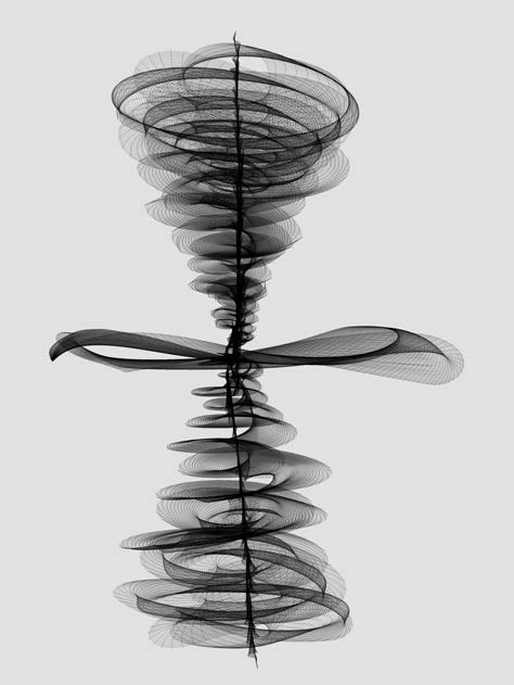 Abstract black waveform visualization spiraling around a vertical axis above and below a central plane.