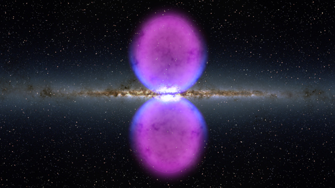 Illustration of glowing purple bipolar lobes extending above and below the plane of a spiral galaxy.