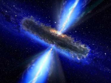 Below: Showing the toroidal accretion disks of these galactic giants and their magnetic jets drawing matter out and away for the generation of newly forming system in the distant future.