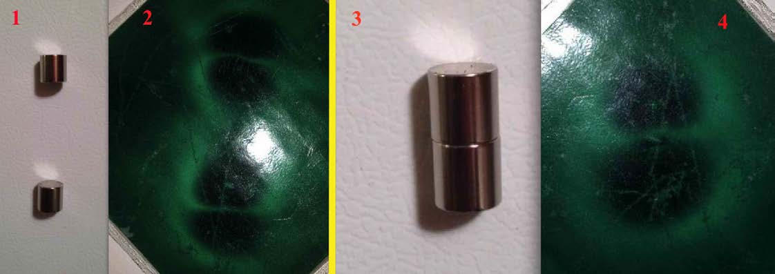 Below: Field incommensurability. 1 Showing two neodymium magnets apart. 2. Using magnetic viewing film showing the two dielectric inertial planes of two magnets. 3. Showing the two magnets at voidance together. 4. Using 