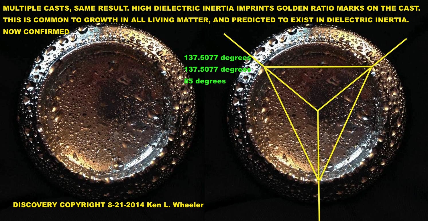 Below: Multiple concave bismuth castings reveal what was logically to be predicted from extremely high dielectric inertia, anti-growth centripetal patterns at 137.5077, 137.5077, and 85 degrees. Extremely large concave i