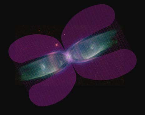 Below: Supernova 1987a, with magnetic bells, and dielectric “lynchpin” disk at the center. Obviously dominantly magnetic, because at the end of life, stars have created so much iron, they cannot ‘burn’ iron. Iron means m