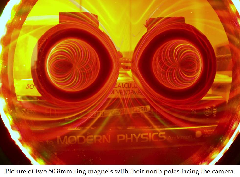 Below: [Photo courtesy of Michael Snyder of revolution-labs.com] Images created by the Timm Vanderelli ferrocell invention. Two ring magnets showing field compression from countervoidance (‘repulsion’).