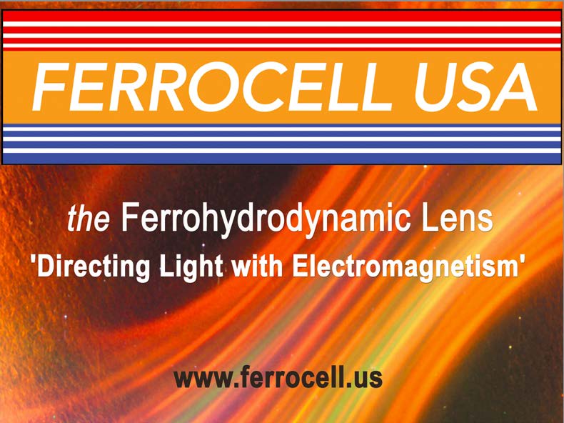 Ferrocell USA graphic: the Ferrohydrodynamic Lens, Directing Light with Electromagnetism, ferrocell.us.