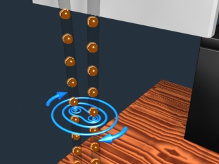 Below: Left, current moving thru lines in the opposite directions, causing magnetism to push alternating directions of current lines apart, this is the same phenomena seen in high power AC lines. Right, current flowing i