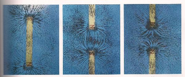 Below: These popular images of iron filings over bar magnets are mostly wrong, we will learn why a bit later
