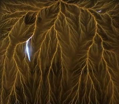 Below: Lichtenberg figures as created from high-energy dielectric saturation into Lucite, then discharged along a grounded spike