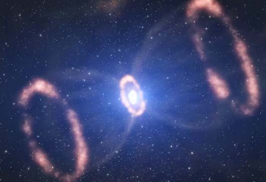Below: Supernova 1987a, with magnetic bells, and dielectric “lynchpin” disk at the center. Obviously dominantly magnetic, because at the end of life, stars have created so much iron, they cannot ‘burn’ iron. Iron means m