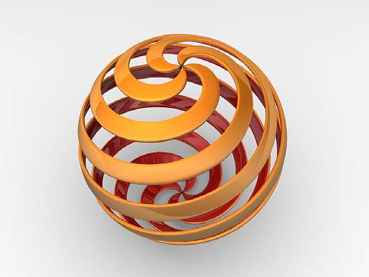 Orange interlocking ribbons forming an open spherical vortex model.