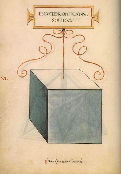 Leonardo da Vinci illustration labeled Exacedron Planus Solidus, showing a solid cube.