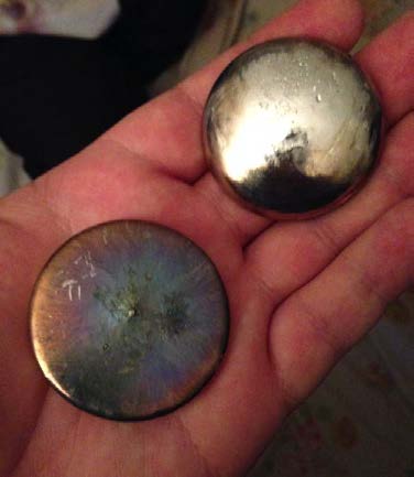 Below: On left, standard bismuth castings I built for superior magnetic levitation with greater stability which, using convex castings creates better stability to conform with the magnetic field geometry of both the lift