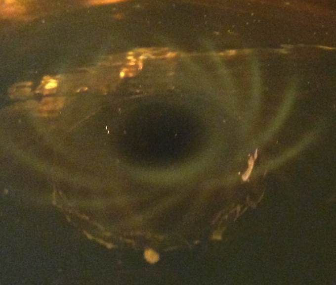 Below: Deep image views at a steep angle of a cube magnet on left, and a disk magnet on the right. Notice the centripetal ‘bloom’ hypotrochoid that has amazing holographic depth out of a mere micron of ferrofluid!