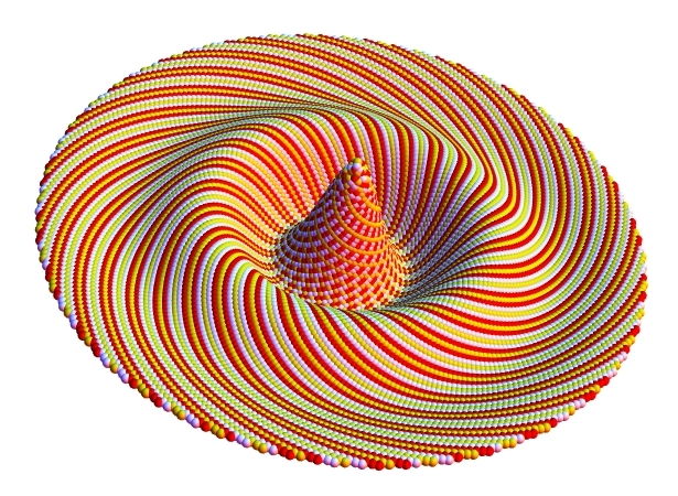 Below: Left, torus centrifugal flow around a disk magnet, right magnetic pressure gradients with high pressures showing raised, not to scale. This same pattern on the right is reproduced in electrification of the dielect