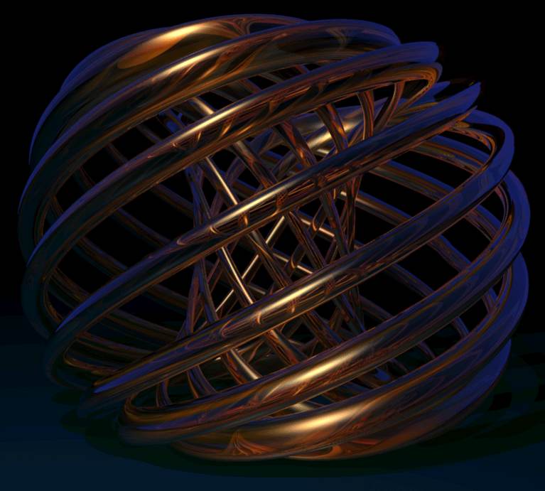 Rendering of many intertwined copper-colored loops forming an open spherical structure.