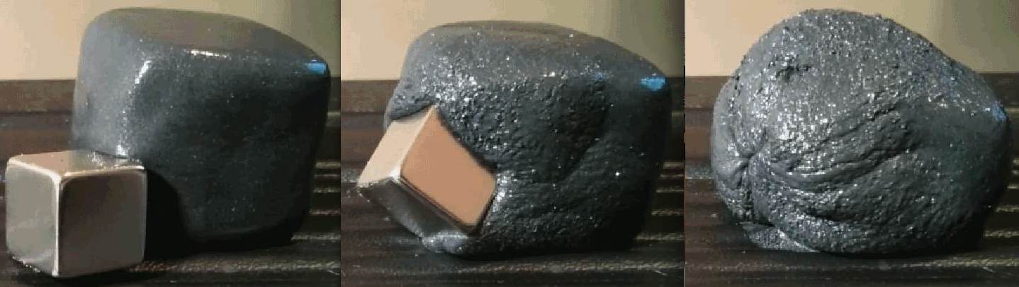 Below: Magnetic putty and a 1cm cubed neodymium magnet. The magnet (rather the dielectric) will self-center itself in the middle of the mass of putty, regardless of shape or size. Once entering the putty, the putty will 