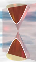 Below: Left is a computer proof that the maximum throw of an inverted sphere is a dumbbell shaped geometry. Second picture is that of a double hyperbola of the magnetic dominances in a permanent magnet, third picture is 