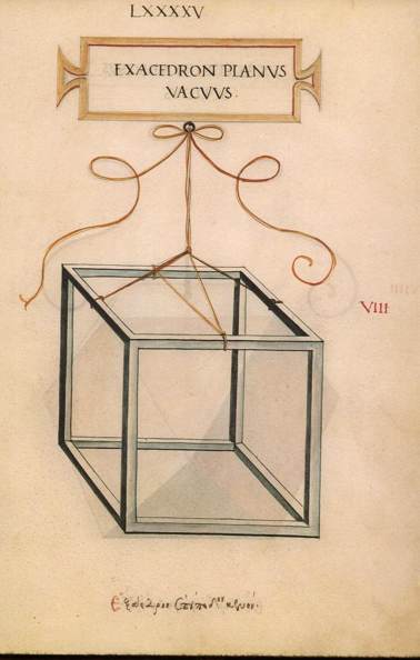 Leonardo da Vinci illustration labeled Exacedron Planus Vacuus, showing an open wireframe cube.