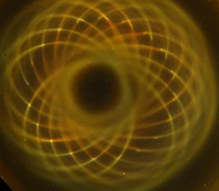 Below: Cylinder magnets. Notice image on the left where the centrifugal and centripetal ‘cross’ there are bright light spots at this point, this is a mid-point intersection between inverse polarity magnetic radiations at