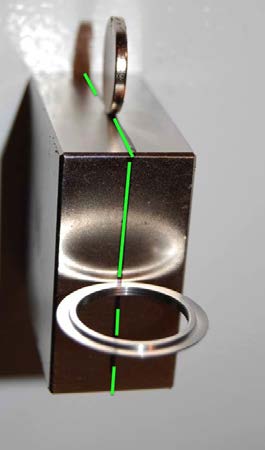 Below: 2x2x1” block neodymium, sitting on top is a disk magnet, on the side is a steel disk, sitting perpendicular to the dielectric inertial plane, bottom is a steel ring with a knife-thin edge also sitting perpendicula
