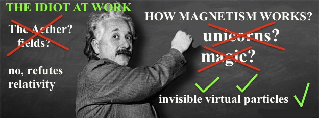 Satirical graphic of Albert Einstein at a chalkboard contrasting crossed-out explanations with invisible virtual particles.