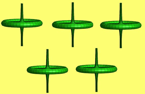 Five identical green gyroscope models, each formed by a disk around a vertical axis.