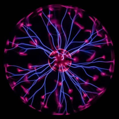 Plasma globe with purple and blue electrical filaments radiating from a bright central electrode.