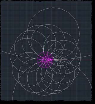 Below: Generation of the magnetic hyperboloid of infinite dielectric inertia in discharge as per the Poincare’ disk using AutoCAD. Notice the necessitated hypotrochoid on the far right. This is what is seen in the ferroc