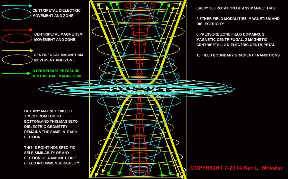 Below: True view of magnetism divergence and convergence, centrifugal and centripetal. Likewise that which drives and is the Ether modality behind all magnetism, dielectricity. Magnetism is the ‘dielectric field’, is die