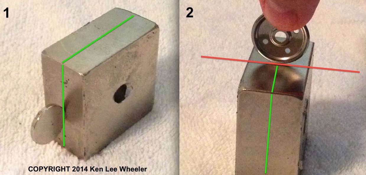 Two photographs of disk magnets attached to a rectangular magnet, with colored lines marking their axes.