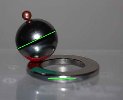 Below: 3/4” sphere magnet with its dielectric inertial plane marked, sitting at the angle of gyromagnetic precession. It is sitting on top of a large ring neodymium magnet. Atop the sphere is a copper coated steel ball t
