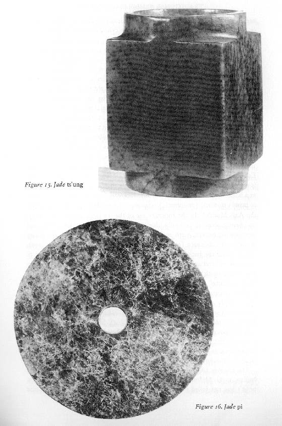 Below: Symbols of Heaven and Earth. Of these two perforates, the Tsung, or Earth symbol is internally tubular and externally cubical (figure 15), while the pi, or Heaven symbol is a perforated circular disk or ringstone 