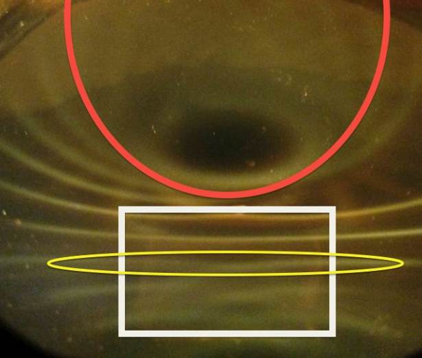 Below: Deep view on left of a cube magnet, illustrated is the dielectric inertial plane in yellow and the hyperbolic bowl shaped depression of centrifugal magnetism as mediated against the opposite-side-returning centrip