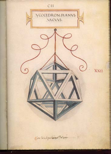 Historical manuscript illustration of a hollow icosahedron.