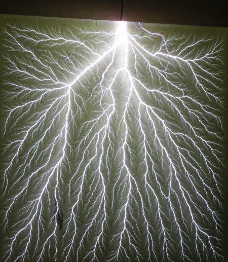 Below: Lichtenberg figures as created from high-energy dielectric saturation into Lucite, then discharged along a grounded spike