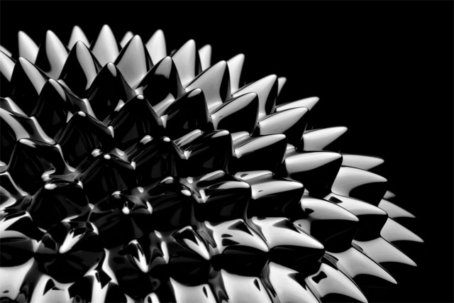 BELOW: Ferrofluid spikes, understood correctly here as following golden ratio spirals and the golden angle of 137.5077 degrees