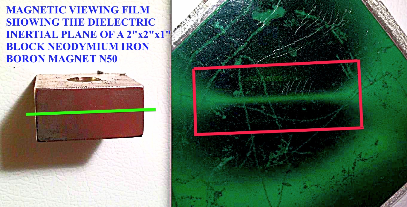 Below: Magnetic viewing film left without the film, right, behind the film (red outlines the magnet edge). This shows the high- speed dielectric inertial plane of all magnets. This type of film doesn’t show magnetic fiel
