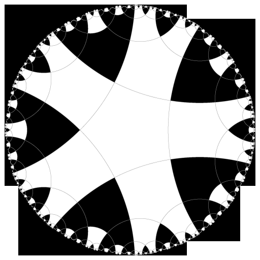 Below: The Poincaré disc maps the point at infinity of a hyperbolic space to a circle where hyperbolic lines are represented as arcs of circles intersecting the Poincaré disc at 90 degrees. As we move away from the origi
