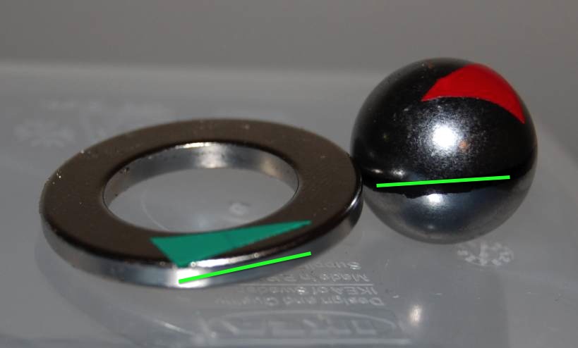 Below: 3/4” sphere magnet with its dielectric inertial plane marked, sitting at the angle of gyromagnetic precession. It is sitting on top of a large ring neodymium magnet. Atop the sphere is a copper coated steel ball t