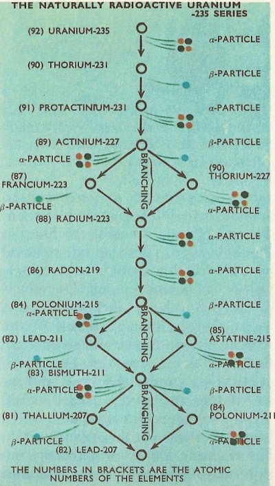 Below: Thorium decay series, Uranium (dual) decay series, and lastly the neptunium radioactive decay series which terminates into bismuth.
